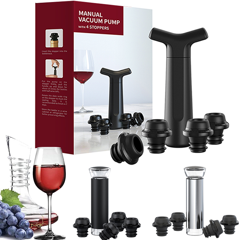 Wine Preservation Pump - สูญญากาศไวน์ Stoppers ปั๊มสูญญากาศคู่มือไวน์ Stoppers 4 ขวดไวน์แบบใช้ซ้ําได้