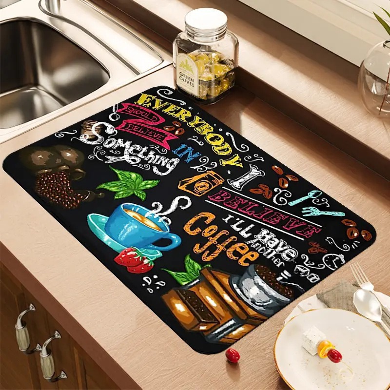 Bar Mat Rubber - แผ่นรองครัวลายกาแฟสุดสร้างสรรค์ แผ่นยางนุ่มกันลื่น ซึมซับน้ำ ป้องกันคราบสกปรก สำหรับเคาน์เตอร์บาร์กาแฟ แผ่นรองจาน