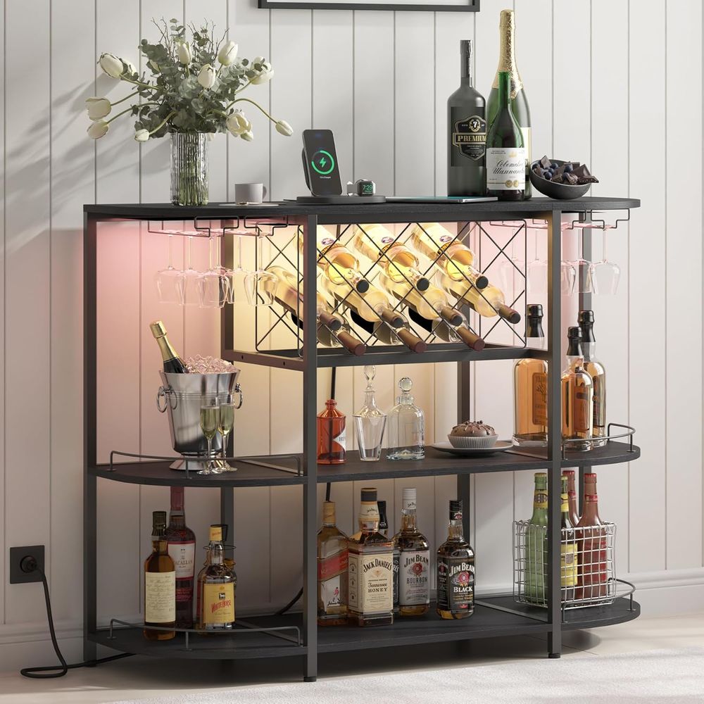 Home Bar And Kitchen - โต๊ะกาแฟ 3 ชั้นสีดำพร้อมชั้นวางไวน์, ปลั๊กไฟ และไฟ LED
