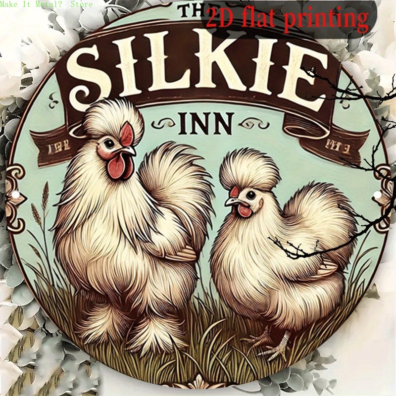 Home Bar And Kitchen - ป้ายโลหะทรงกลมลายวินเทจ The Silkie Inn, ป้ายโลหะติดผนังลายไก่พิมพ์แบบ 2