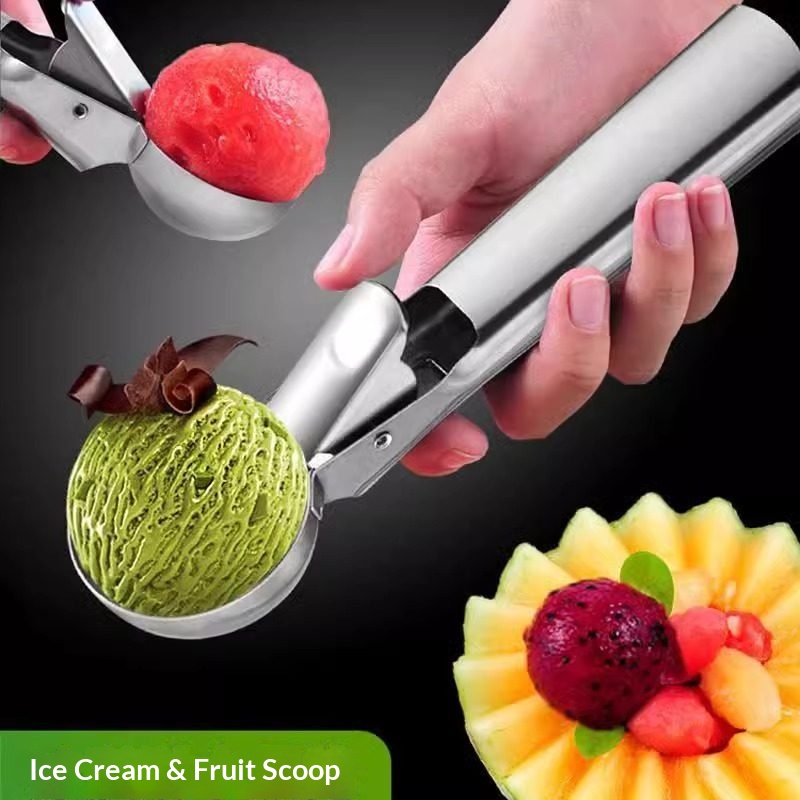 Ice Pick Pick - ที่ตักไอศกรีมสแตนเลสพร้อมตัวกดปล่อยง่าย ที่ตักผลไม้แบบมัลติฟังก์ชั่นสำหรับใช้ในครัวเรือน ช้อนตักแตงโมและเมลอน