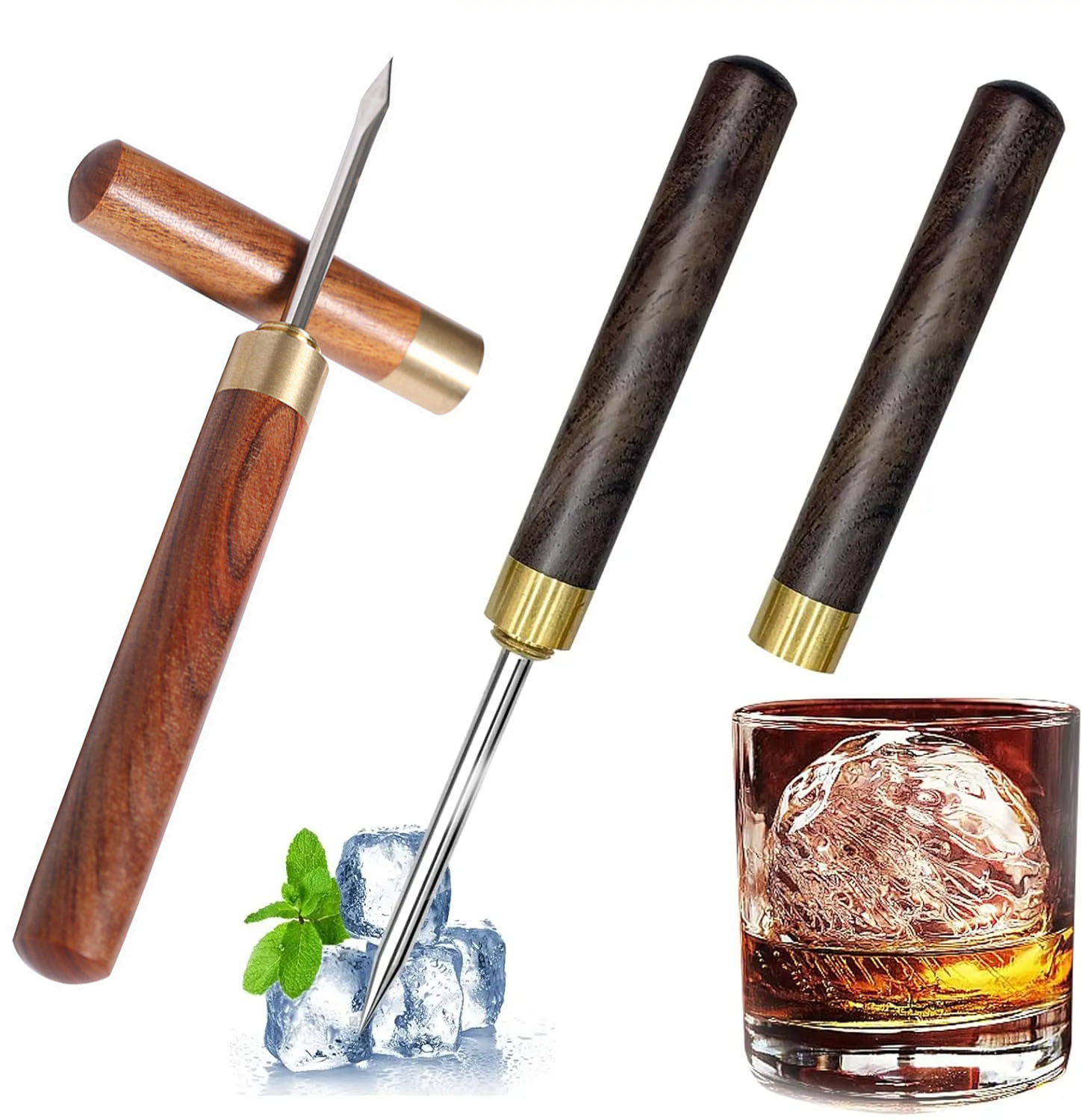 Ice Pick Pick - ที่เจาะน้ำแข็ง 2 ชิ้น ใช้สำหรับเจาะน้ำแข็ง ที่เจาะน้ำแข็งสแตนเลสพร้อมด้ามไม้มะเกลือและฝาครอบนิรภัย เข็มชาอเนกประสงค์