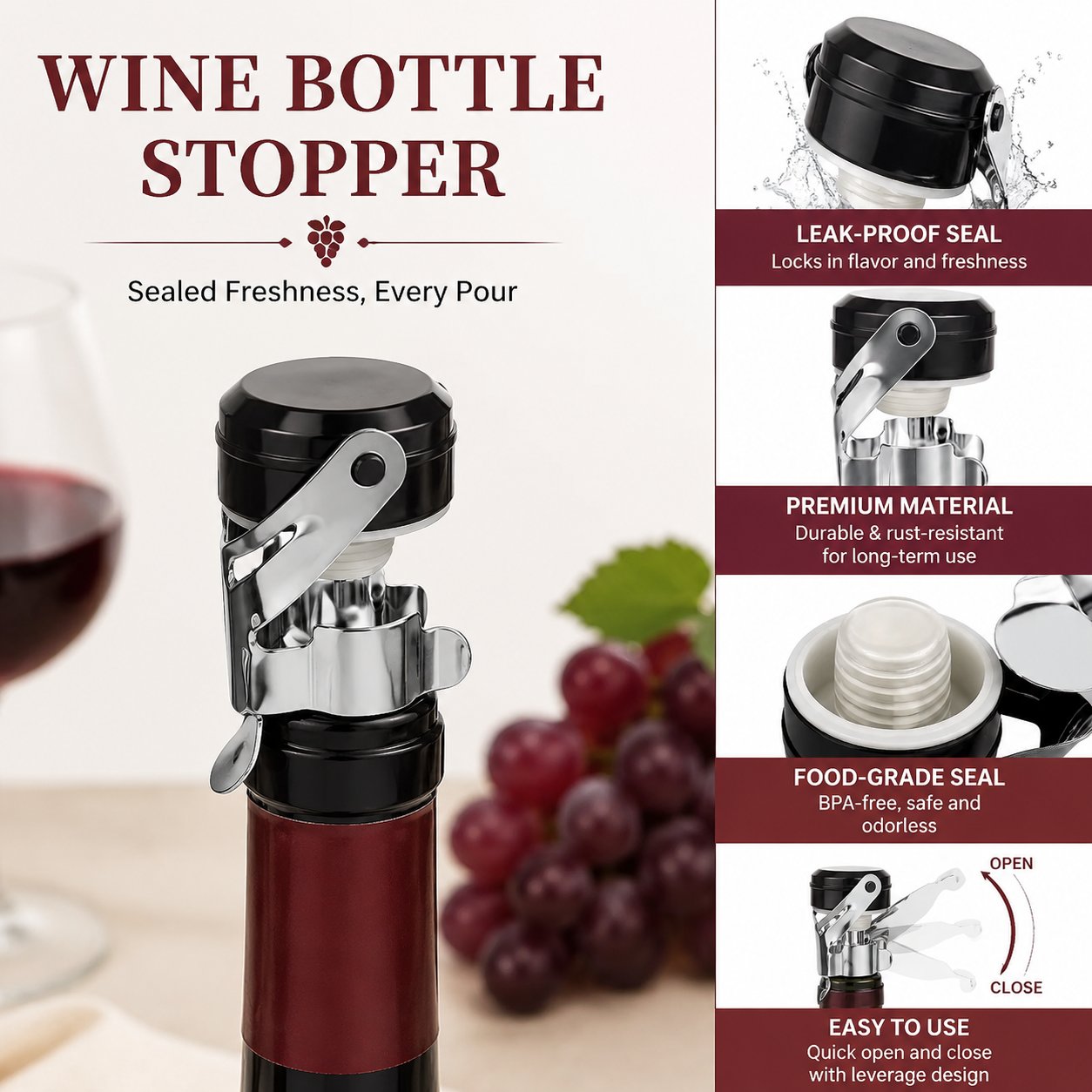 Wine Preservation Pump - คาบิล็อค 3 ชิ้น ที่ปิดขวดสแตนเลส พรีเมียม สำหรับไวน์คาวา